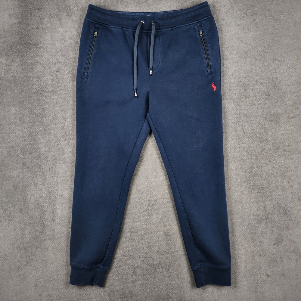 Polo Ralph Lauren Joggers Mens Medium Navy Blue Red Pony Logo Zipper Sweatpants